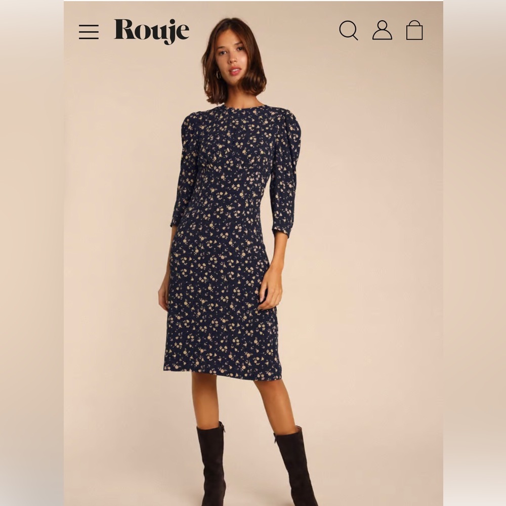 beautiful Rouge dress (Mariette) navy blue with small yellow floral pattern.